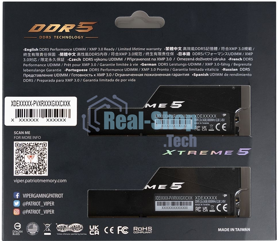 Оперативная память Patriot Viper Xtreme 5, DDR5, 32GB (2x16GB), 7600MHz, CL36, DIMM, с радиаторами, RGB, черный