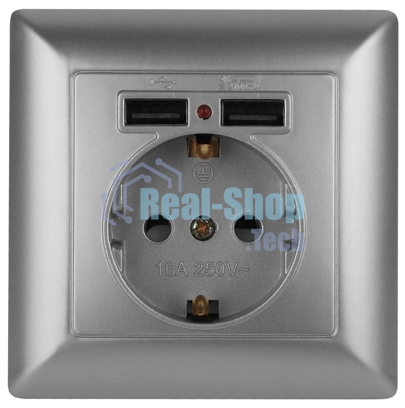 Розетка Intro Solo 4-410-03 с заземлением P+E Schuko со шторками, 16А-250В + 2хUSB, IP20, СУ, алюминий | Б0053715 | Intro