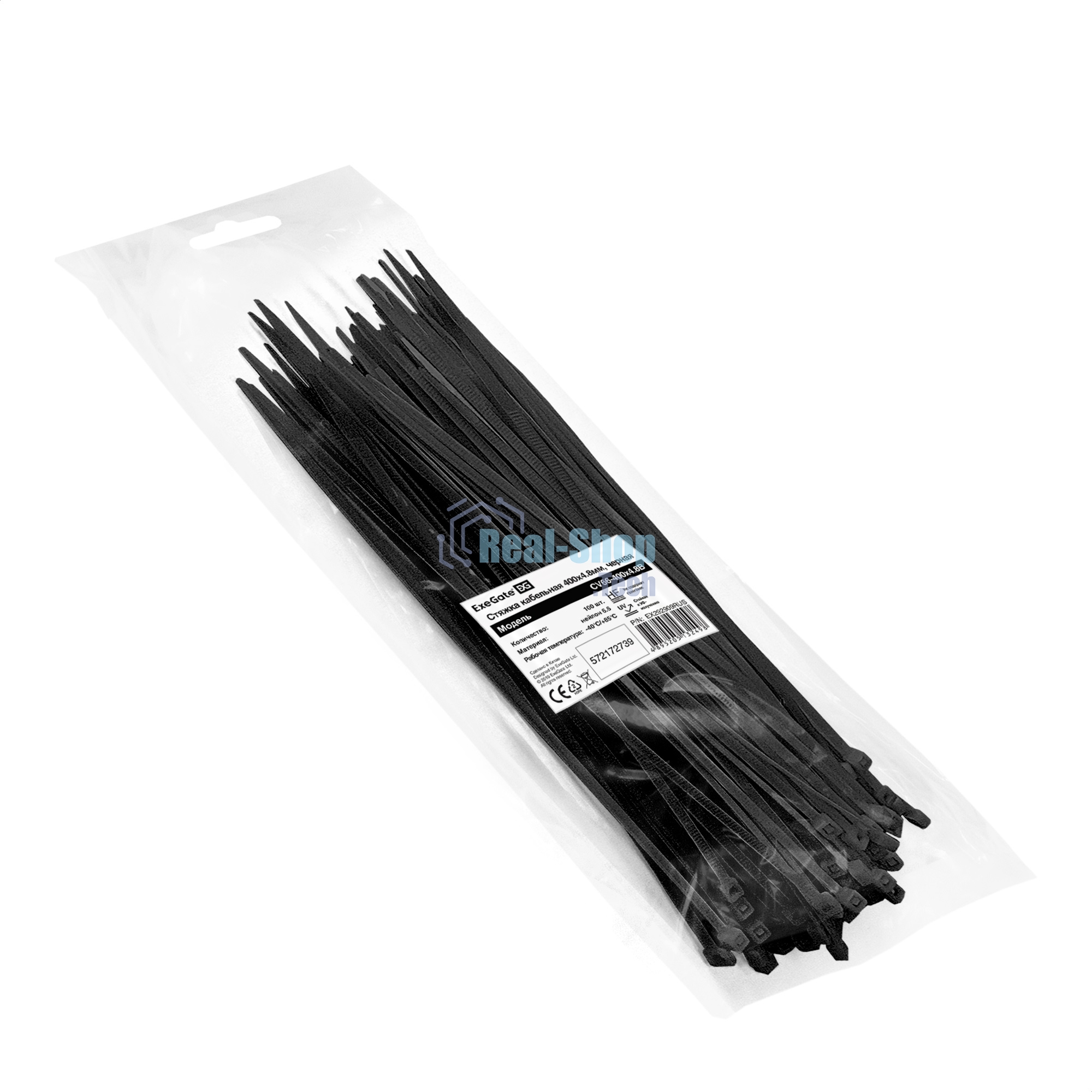 Стяжка (хомут) нейлоновая ExeGate CV66-400x4.8B (нейлон 6.6, 400x4.8 мм, неоткрывающаяся, halogen free, -40°C - +85°C, черная, 100 шт)