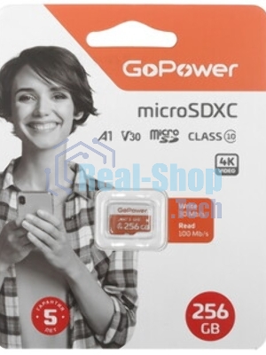Флеш карта microSD GoPower 256Gb Class10 UHS-I (U3) 100 МБ/сек V30 без адаптера