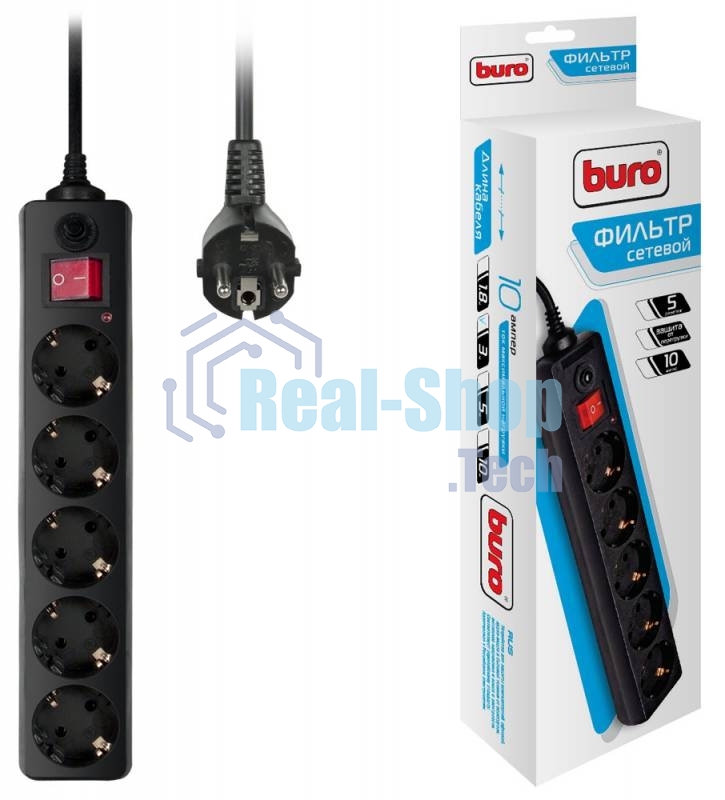 Сетевой фильтр BURO Сетевой фильтр, 5 розеток, 3 метра, (500SH-3-B), черный 992293