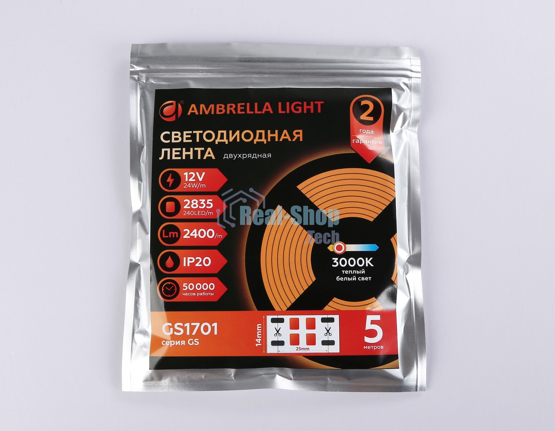 Светодиодная лента Ambrella light GS1701 2835 240Led/ 24W m/ 12V IP20 3000K/ 5000*10*1.2mm (2 конт.)