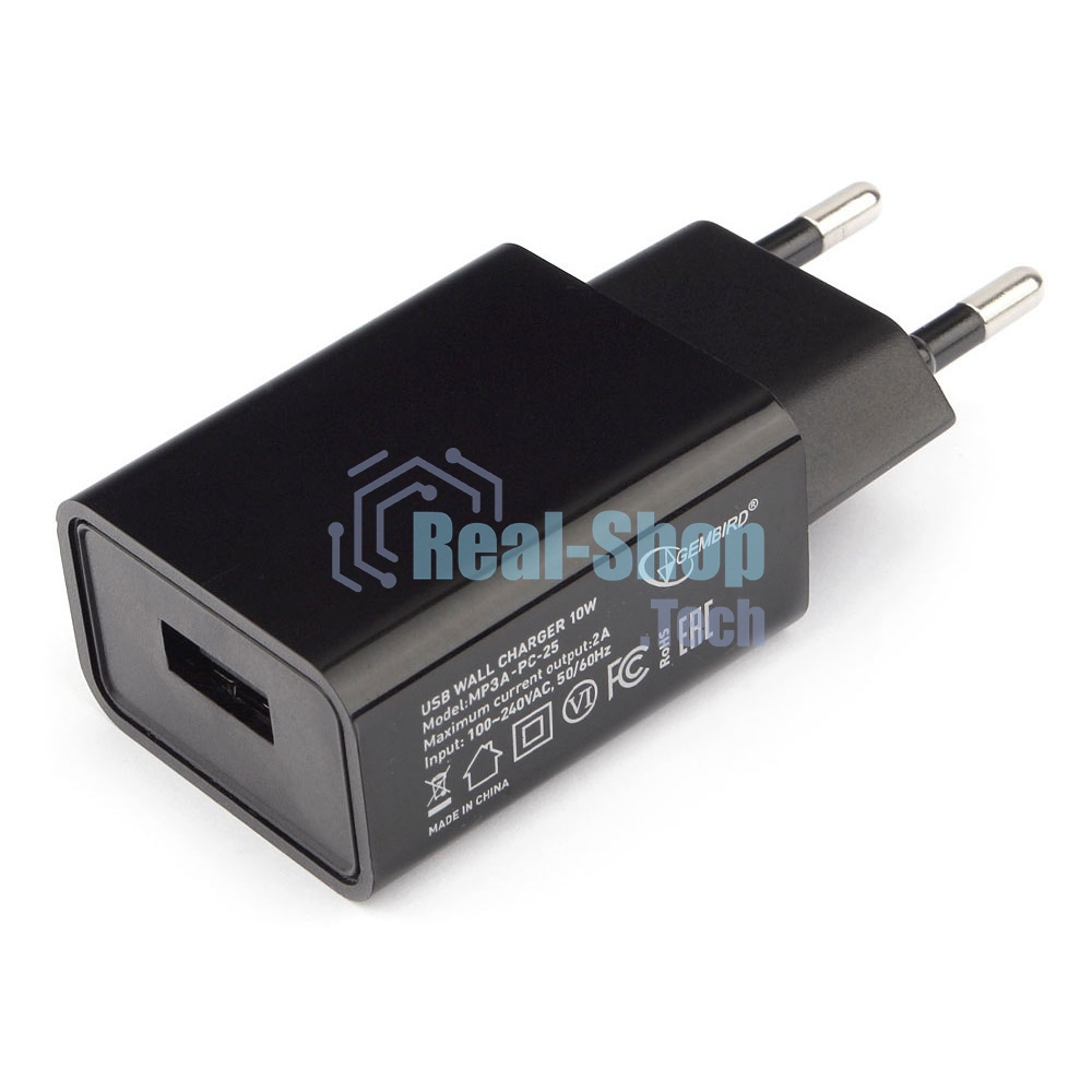 Сетевое зарядное устройство Cablexpert MP3A-PC-25 100/220V - 5V USB 1 порт, 2A, черный