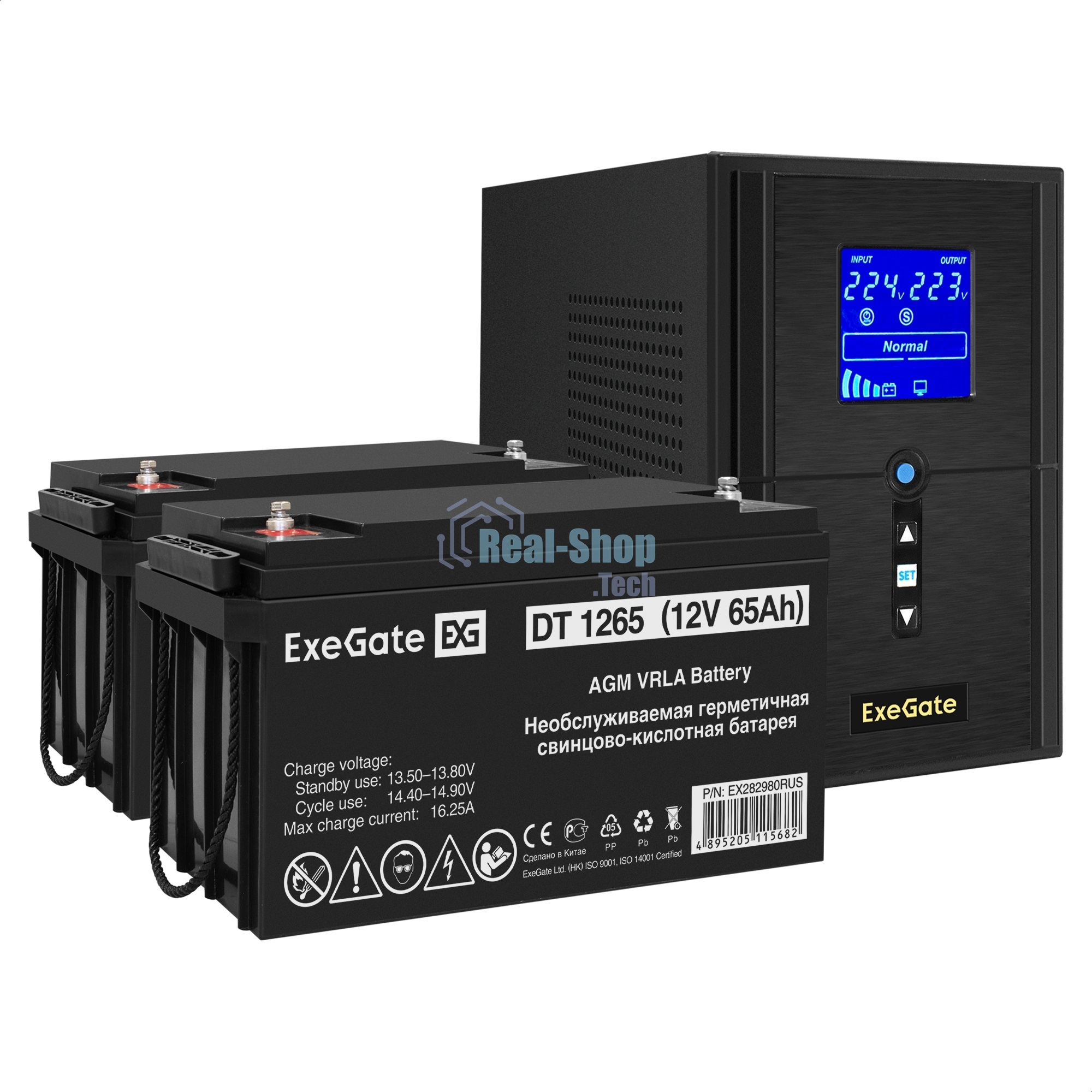 Комплект Источник бесперебойного питания EX295987RUS + батарея 65Aч EX282980RUS 2шт (инвертор, синус, для котла) ExeGate SineTower SZ-1000.LCD.AVR.2SH.1C13.USB 1000VA/800W, чистый синусоида, LCD дисплей, AVR, 2*Schuko+1*C13, USB, линейно-интерактивный, черный + батарея ExeGate DT 1265 (12В, 65Ач) 2шт