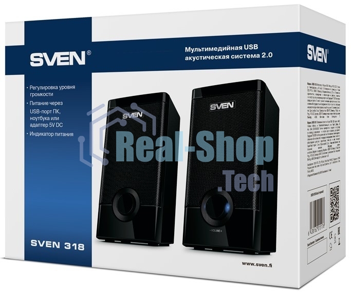 Колонки Sven 318 черный USB-порт ПК, ноутбука или адаптер 5V DC