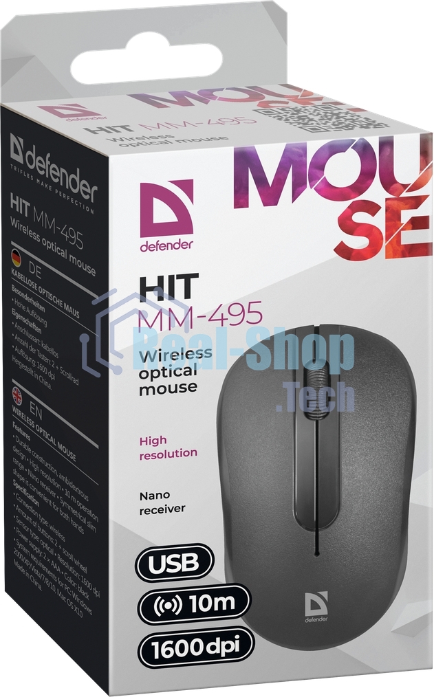 Мышь беспроводная Defender Hit MM-495 черный, 1600 dpi, радиоканал, USB, кнопки - 3