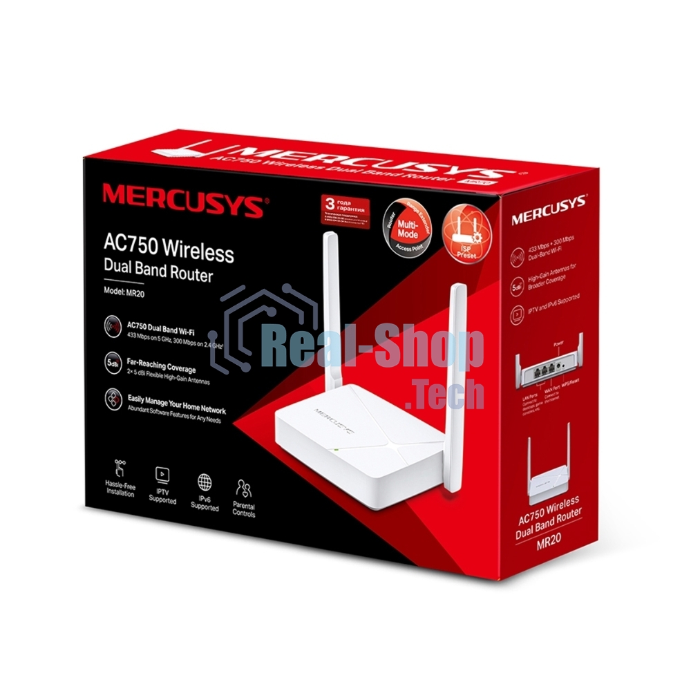 Роутер Mercusys MR20 AC750 Dual-Band Wi-Fi RouterSPEED: 300 Mbps at 2.4 GHz + 433 Mbps at 5 GHzSPEC: 2× Fixed External Antennas, 2× 10/100 Mbps LAN Ports, 1× 10/100 Mbps WAN PortFEATURE: Router/Access Point Mode Mode, WPS/Reset Button, IPTV, IPv6, Parenta