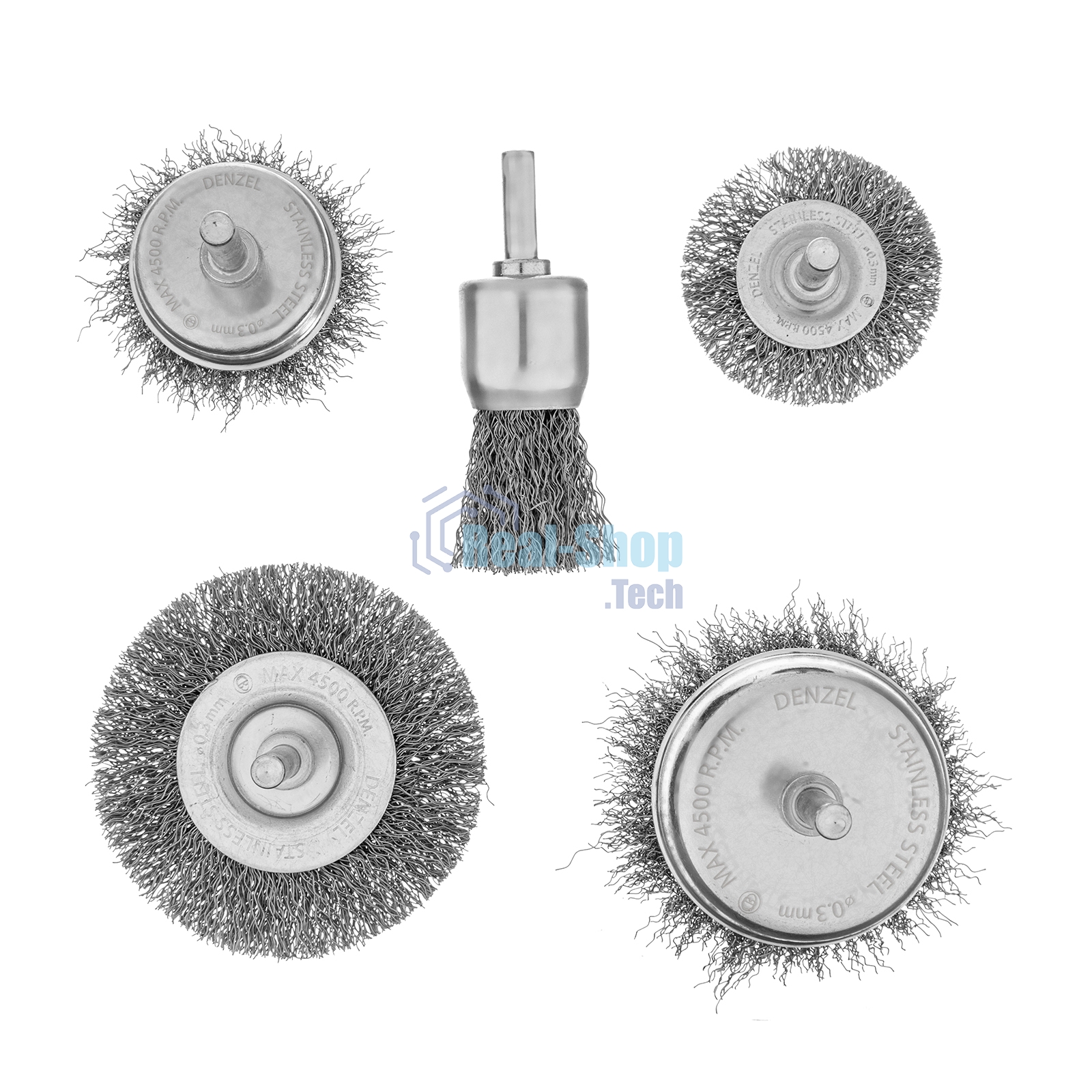 Набор щеток для дрели Denzel 2 Плоские 50-75 мм, 3 Чашки 25-50-75 мм, шпилька, нерж.вит. проволока
