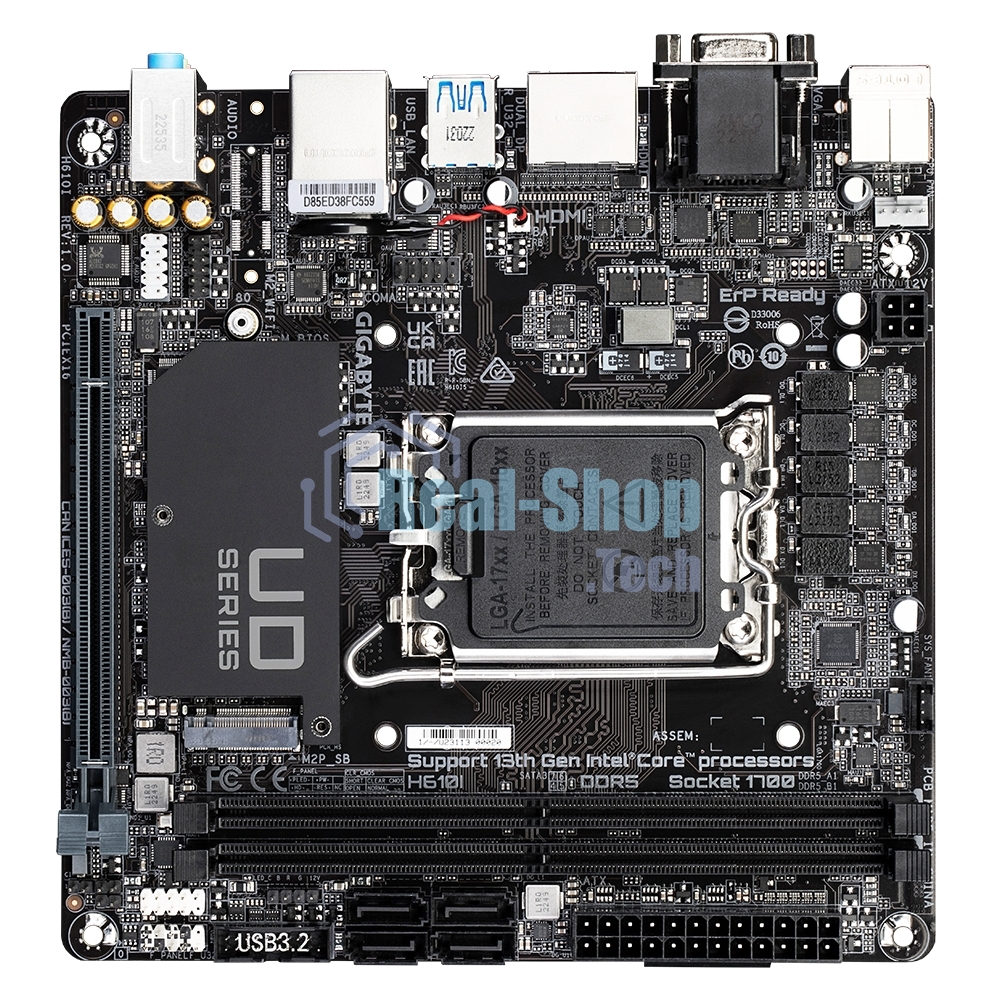 Материнская плата Gigabyte H610I, LGA 1700, Intel H610, 2xDDR5, 4xSATA, 1xM.2, 1xPCIe 4.0 x16, 1xHDMI, 1xVGA, 2xDP, 1x 1Gb LAN, 2xUSB-A 3.2 Gen 1, 4xUSB-A 2.0, 3x 3.5 мм, 7.1, Mini-ITX