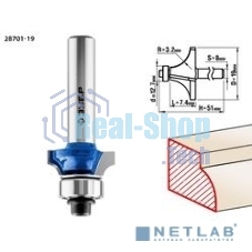 Фреза кромочная калевочная Зубр №1, D= 19мм, рабочая длина-7,4мм, радиус-3,2мм, хв.-8мм, d-12,7мм, Зубр Профессионал 28701-19