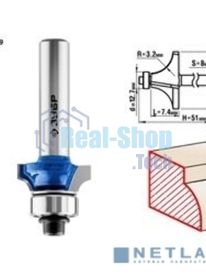 Фреза кромочная калевочная Зубр №1, D= 19мм, рабочая длина-7,4мм, радиус-3,2мм, хв.-8мм, d-12,7мм, Зубр Профессионал 28701-19