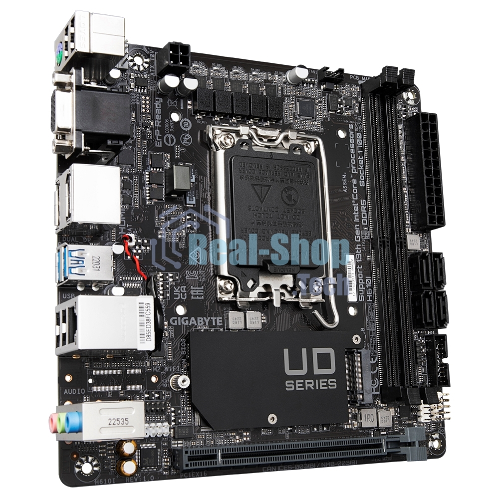 Материнская плата Gigabyte H610I, LGA 1700, Intel H610, 2xDDR5, 4xSATA, 1xM.2, 1xPCIe 4.0 x16, 1xHDMI, 1xVGA, 2xDP, 1x 1Gb LAN, 2xUSB-A 3.2 Gen 1, 4xUSB-A 2.0, 3x 3.5 мм, 7.1, Mini-ITX