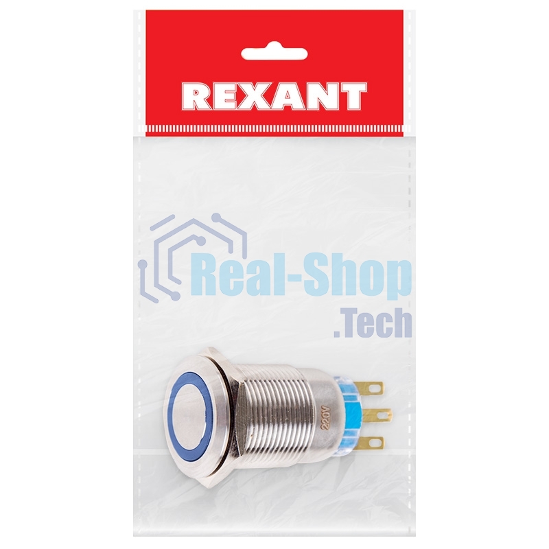 Кнопка антивандальная Rexant Ø19 250В Фикс (5с) ON-OFF/OFF-ON подсв/синяя