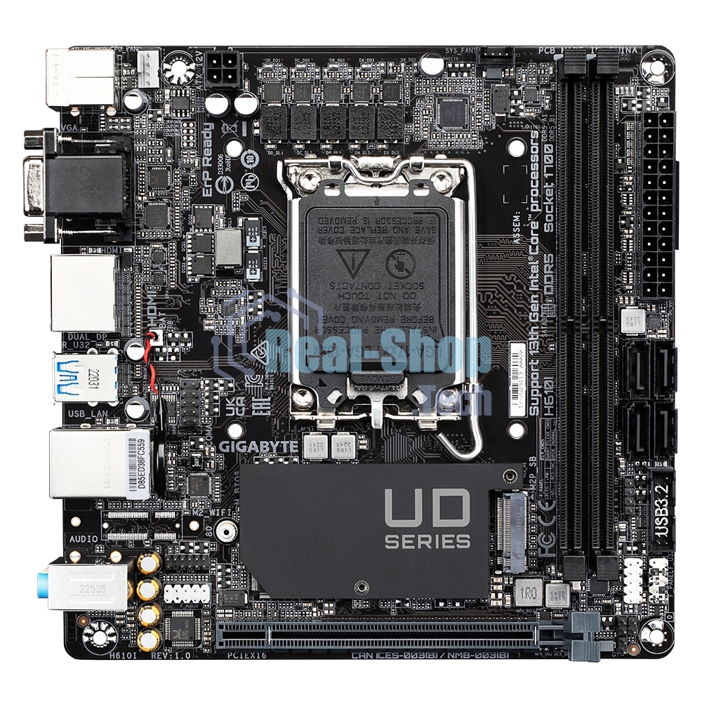Материнская плата Gigabyte H610I, LGA 1700, Intel H610, 2xDDR5, 4xSATA, 1xM.2, 1xPCIe 4.0 x16, 1xHDMI, 1xVGA, 2xDP, 1x 1Gb LAN, 2xUSB-A 3.2 Gen 1, 4xUSB-A 2.0, 3x 3.5 мм, 7.1, Mini-ITX