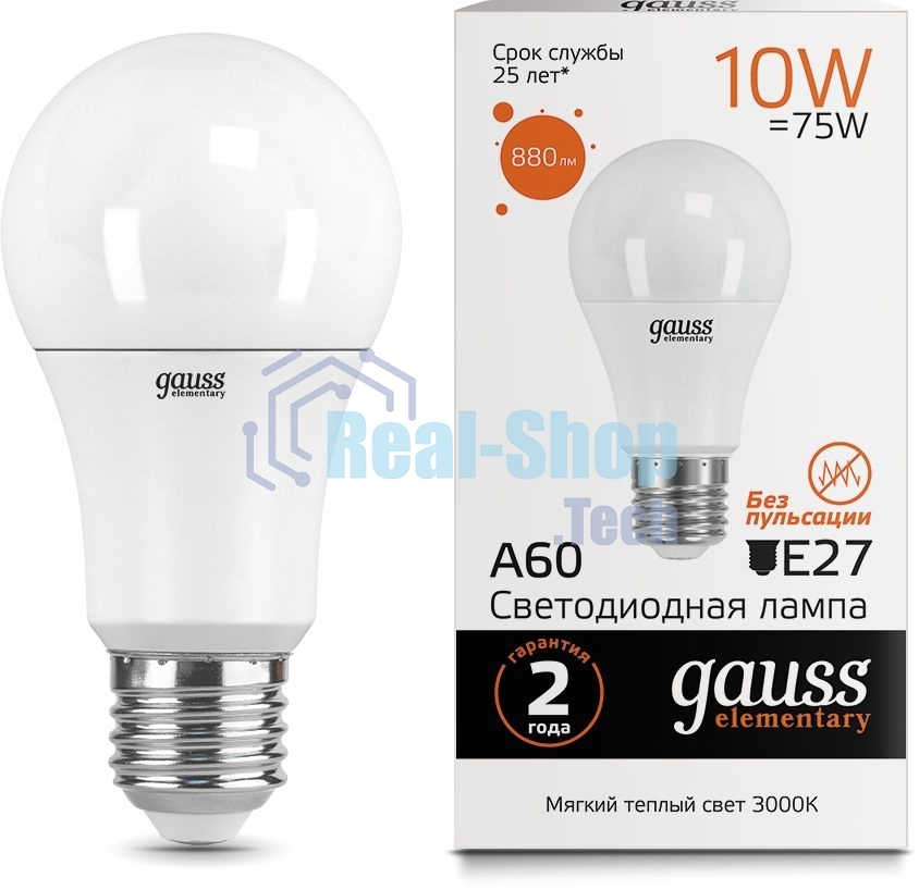 Лампа светодиодная Gauss Elementary 23210LED A60 E27 10W 3000K 1/40