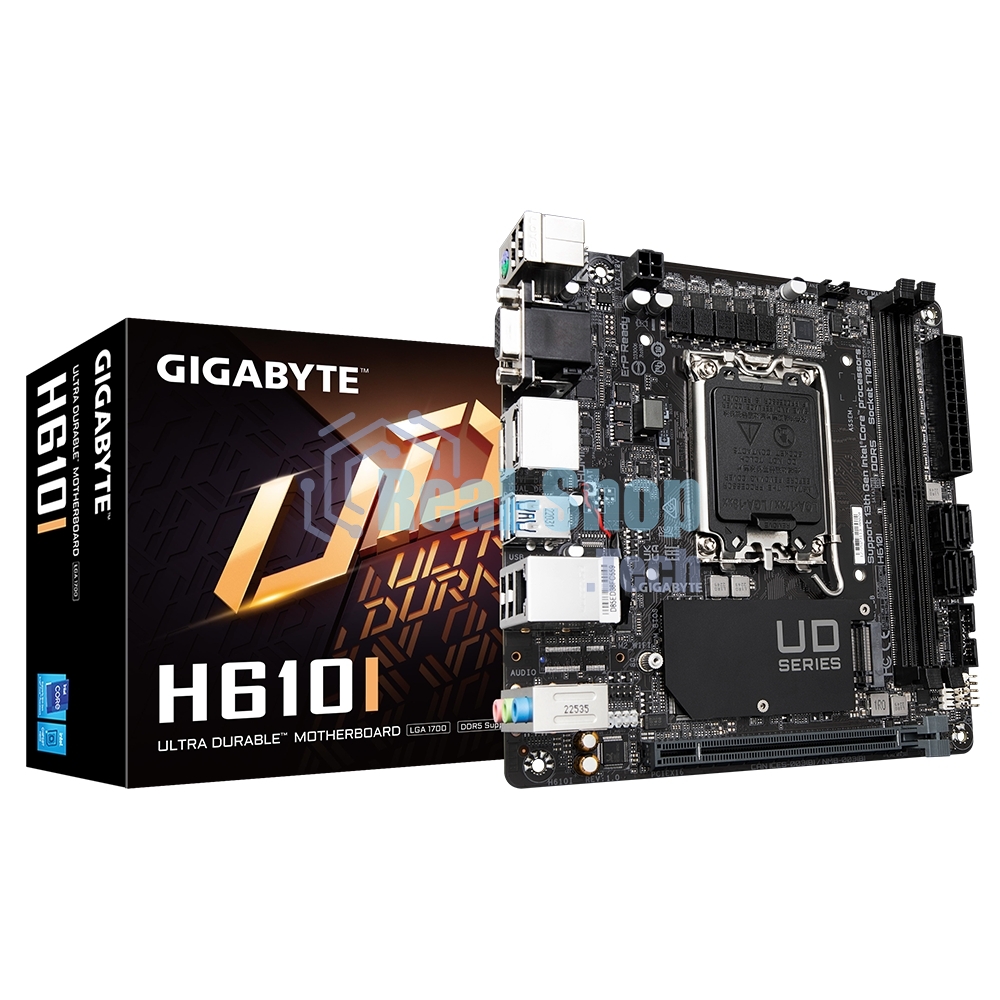 Материнская плата Gigabyte H610I, LGA 1700, Intel H610, 2xDDR5, 4xSATA, 1xM.2, 1xPCIe 4.0 x16, 1xHDMI, 1xVGA, 2xDP, 1x 1Gb LAN, 2xUSB-A 3.2 Gen 1, 4xUSB-A 2.0, 3x 3.5 мм, 7.1, Mini-ITX