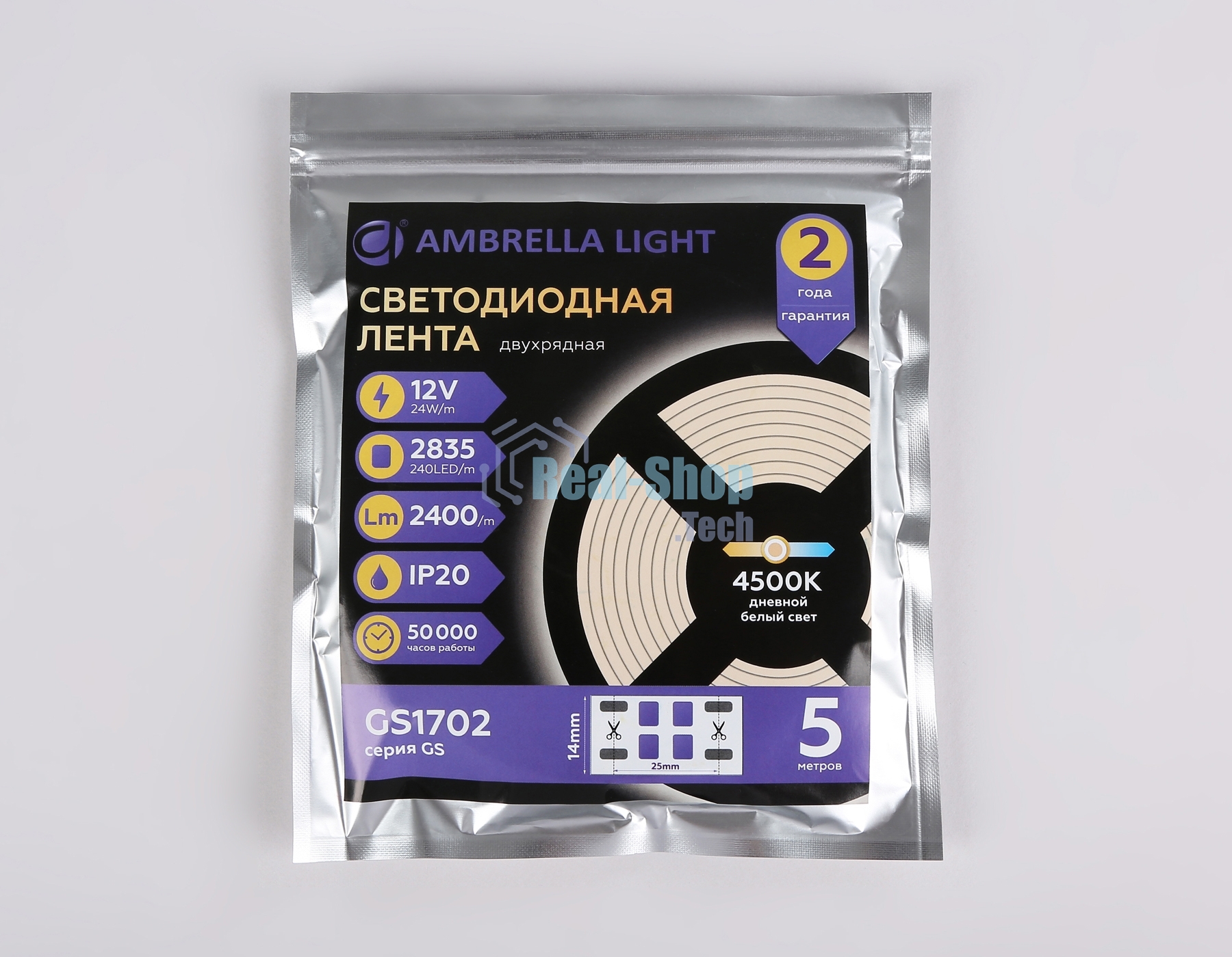 Светодиодная лента Ambrella light GS1702 2835 240Led/ 24W m/ 12V IP20 4500K/ 5000*14*1.2mm (2 конт.)