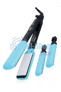 Щипцы для волос Galaxy GL 4505, голубой, 65 Вт, нагревательный элемент с защитой от перегрева, сменные пластины с керамическим покрытием: 89x27,5 мм и 89x57 мм, ЖК-дисплей с индикацией температуры, регулятор температурных режимов, шнур питания, вращающийс