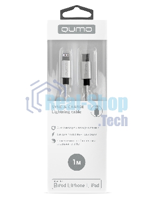 Кабель Qumo MFI, Type-С -Apple 8 pin, 1м, Type-C, 5В, 2,4А, 12W, нейлоновая оплетка, металлический коннектор, серебро