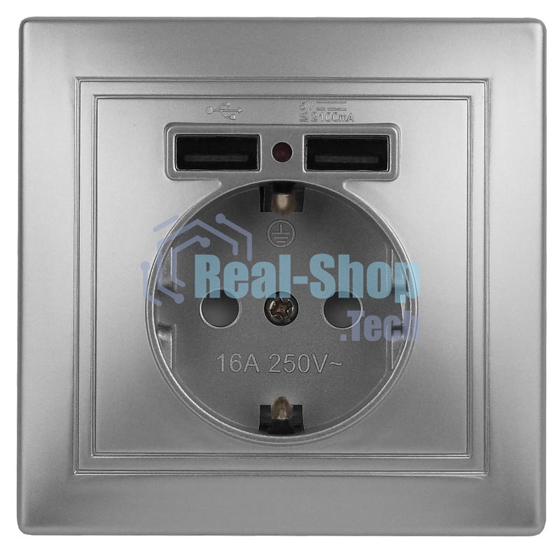 Розетка Intro Plano 1-410-03 с заземлением 2P+E Schuko со шторками, 16А-250В + 2хUSB 5В-2,1А, IP20, СУ, алюминий | Б0053944 | Intro