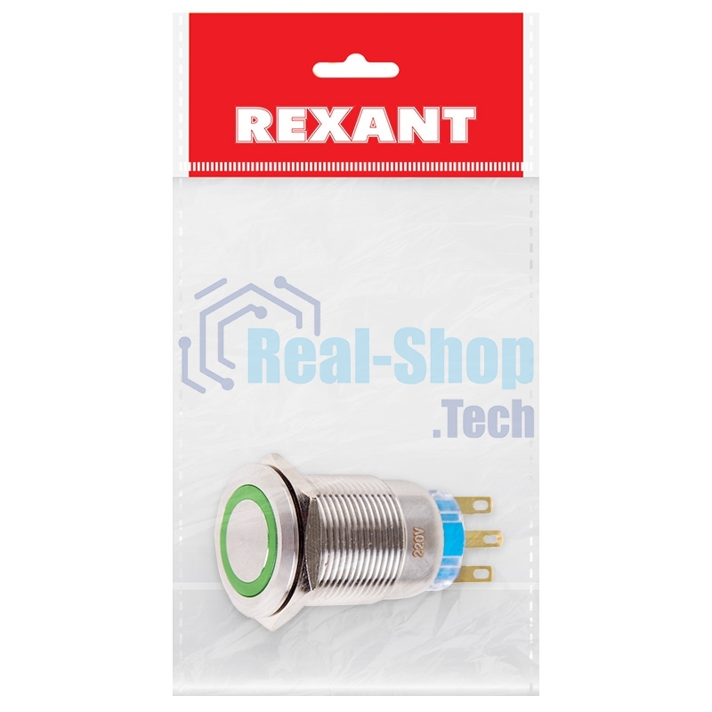 Кнопка антивандальная Rexant Ø19 12В Фикс (5с) ON-OFF/OFF-ON подсв/зеленая
