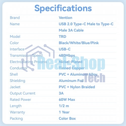 Кабель Vention USB 2.0 CM/CM - 1м. черный 3А PD60W