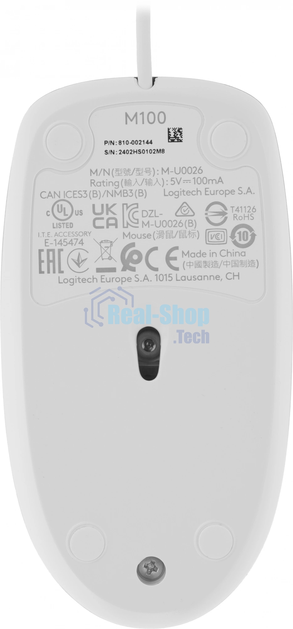 Мышь проводная Logitech M100 белый, 1000 dpi, USB, кнопки - 3
