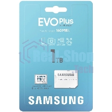 Флеш карта Samsung EVO Plus, microSDXC 1Tb, Class 10, A2, V30, UHS-I (U3), W 90 МБ/с, R 160 МБ/с, адаптер на SD