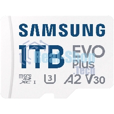 Флеш карта Samsung EVO Plus, microSDXC 1Tb, Class 10, A2, V30, UHS-I (U3), W 90 МБ/с, R 160 МБ/с, адаптер на SD