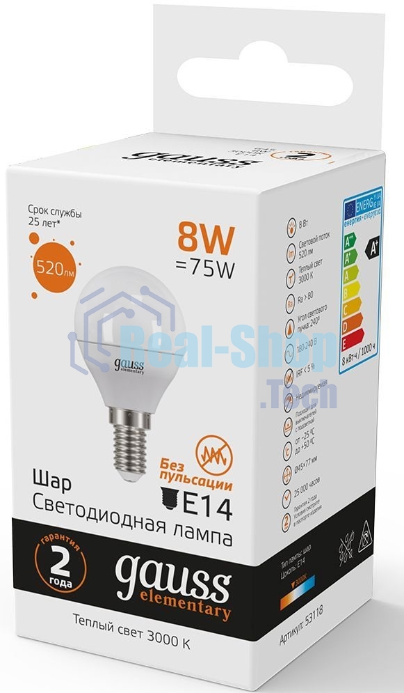 Лампа светодиодная LED Gauss 8Вт E14 220В 2700К Elementary шар 53118