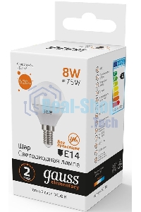Лампа светодиодная LED Gauss 8Вт E14 220В 2700К Elementary шар 53118