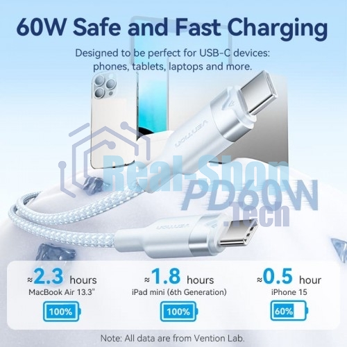 Кабель Vention USB 2.0 CM/CM - 2м. черный 3А PD60W