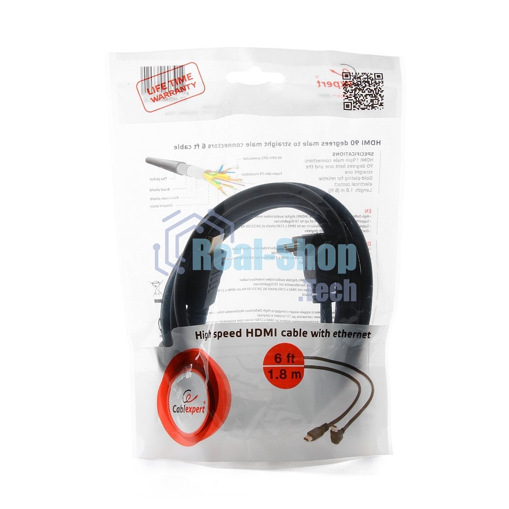Кабель Cablexpert HDMI CC-HDMI490-6, 19M/19M, v2.0, медь, позол.разъемы, экран, угловой, 1.8м, черный, пакет