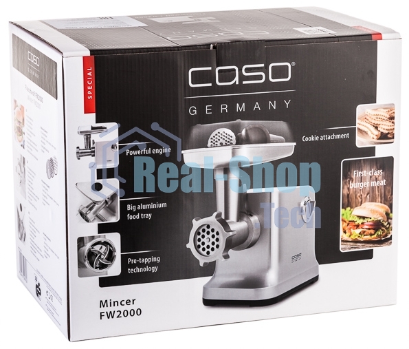 Мясорубка электрическая CASO FW 2000 серебристый, 2000 Вт, 2.5 кг/мин, реверс, защита от перегрузки, насадки - 5