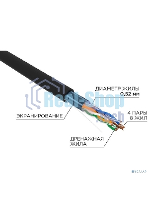 Кабель витая пара Rexant F/UTP, cat.5e, PE, 4х2х0,52 мм, 24AWG, OUTDOOR, SOLID, черный, 305м