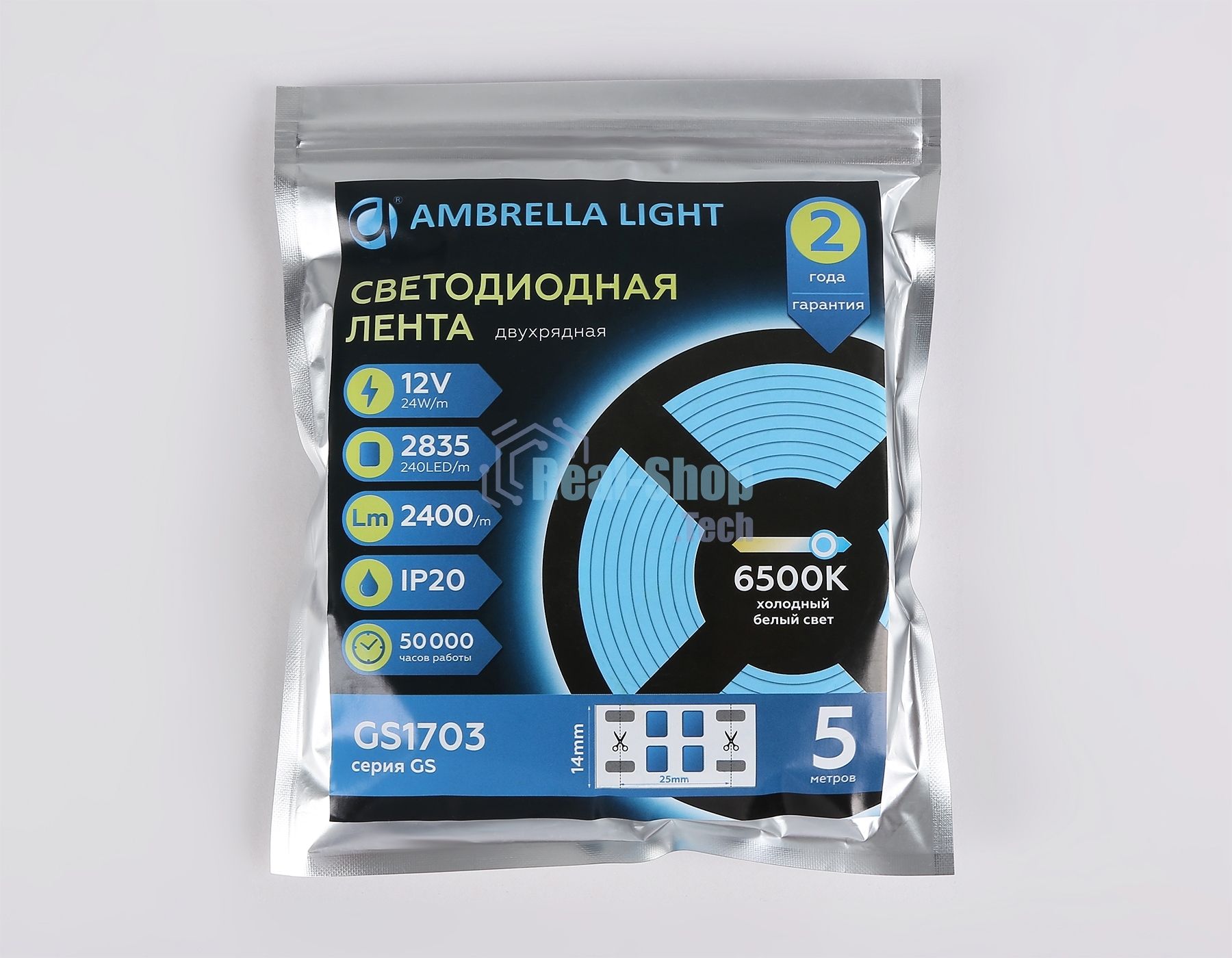 Светодиодная лента Ambrella light GS1703 2835 240Led/ 24W m/ 12V IP20 6500K/ 5000*10*1.2mm (2 конт.)