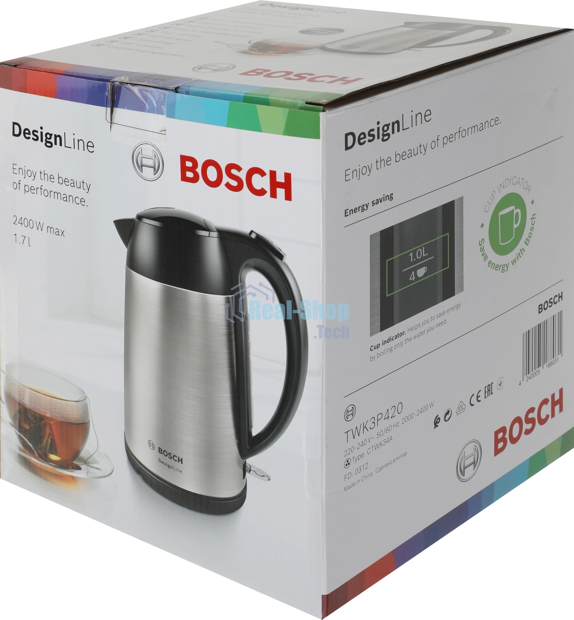 Чайник электрический Bosch TWK3P420 черный, 1.7 л, 2400 Вт, скрытый нагревательный элемент