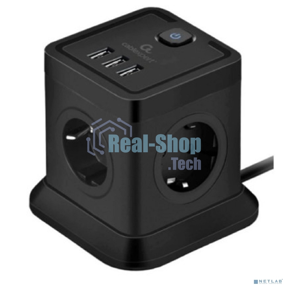 Сетевой фильтр Cablexpert Tower TWR-4-U3-B-2, 4 р, 10А, 3xUSB, 3.1А, 2 м, ур.защиты 2+, черный, коробка