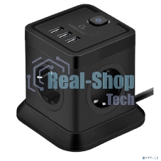 Сетевой фильтр Cablexpert Tower TWR-4-U3-B-2, 4 р, 10А, 3xUSB, 3.1А, 2 м, ур.защиты 2+, черный, коробка