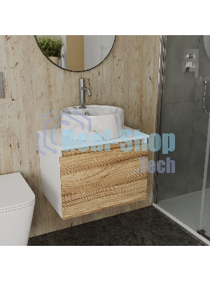 Комплект: тумба Bau Dream Blackwood 60, 1 ящик, Раковина круглая накладная BAU Element D41, мрамор, смеситель Hotel Dream, нерж сталь