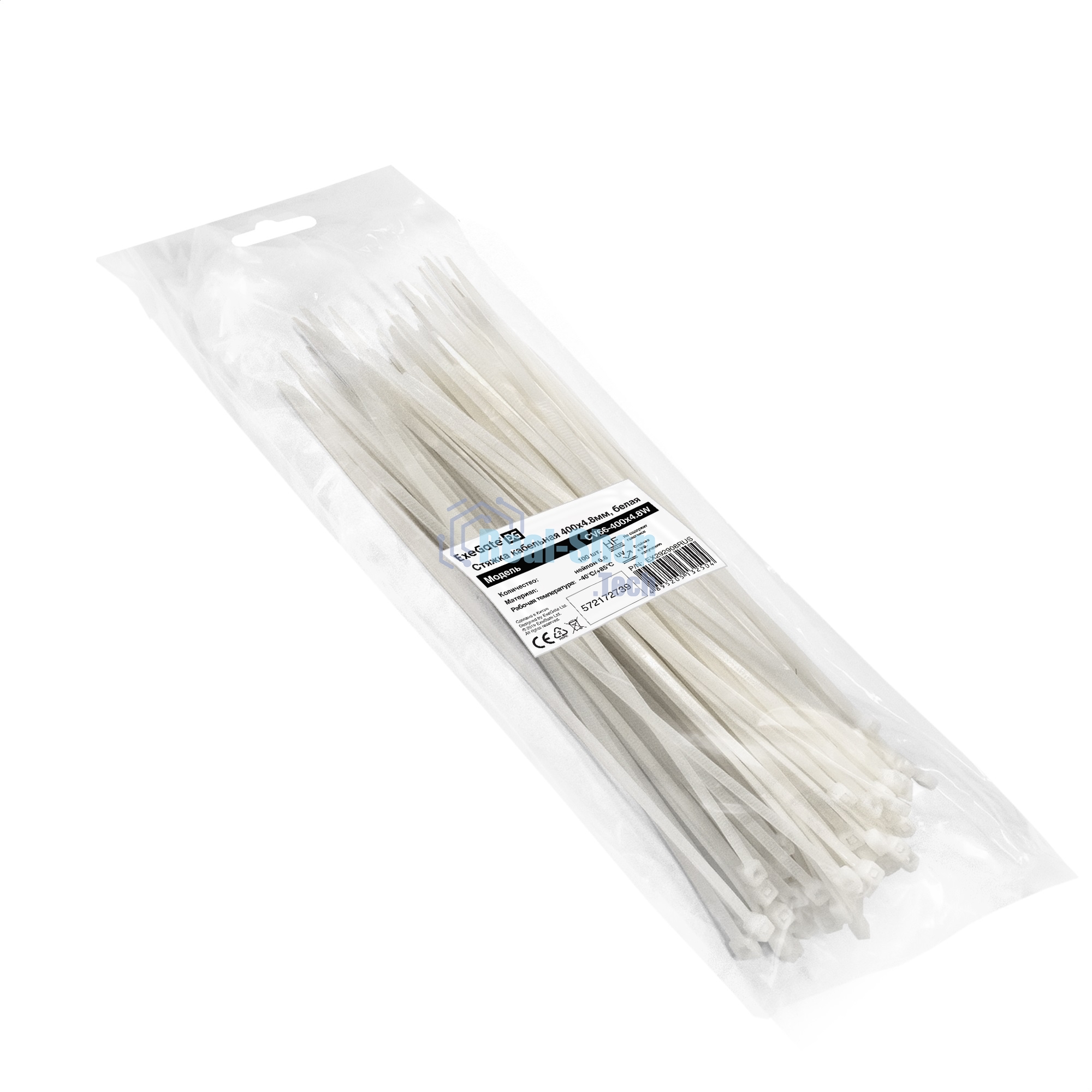 Стяжка (хомут) нейлоновая ExeGate CV66-400x4.8W (нейлон 6.6, 400x4.8 мм, неоткрывающаяся, halogen free, -40°C - +85°C, белая, 100 шт)