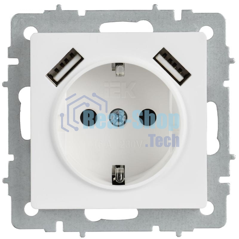 BRITE Розетка 1-местная с заземлением с защитными шторками 16А с USB A+A 5В 3,1А РЮш10-2-БрАБ арктический белый  | BR-R14-16-U21-D31-K91 | IEK