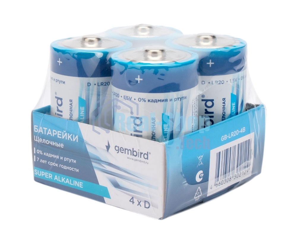 Батарейки щелочные/алкалиновые Gembird Gb-LR20-4B, тип D(LR20), 4шт, коробка