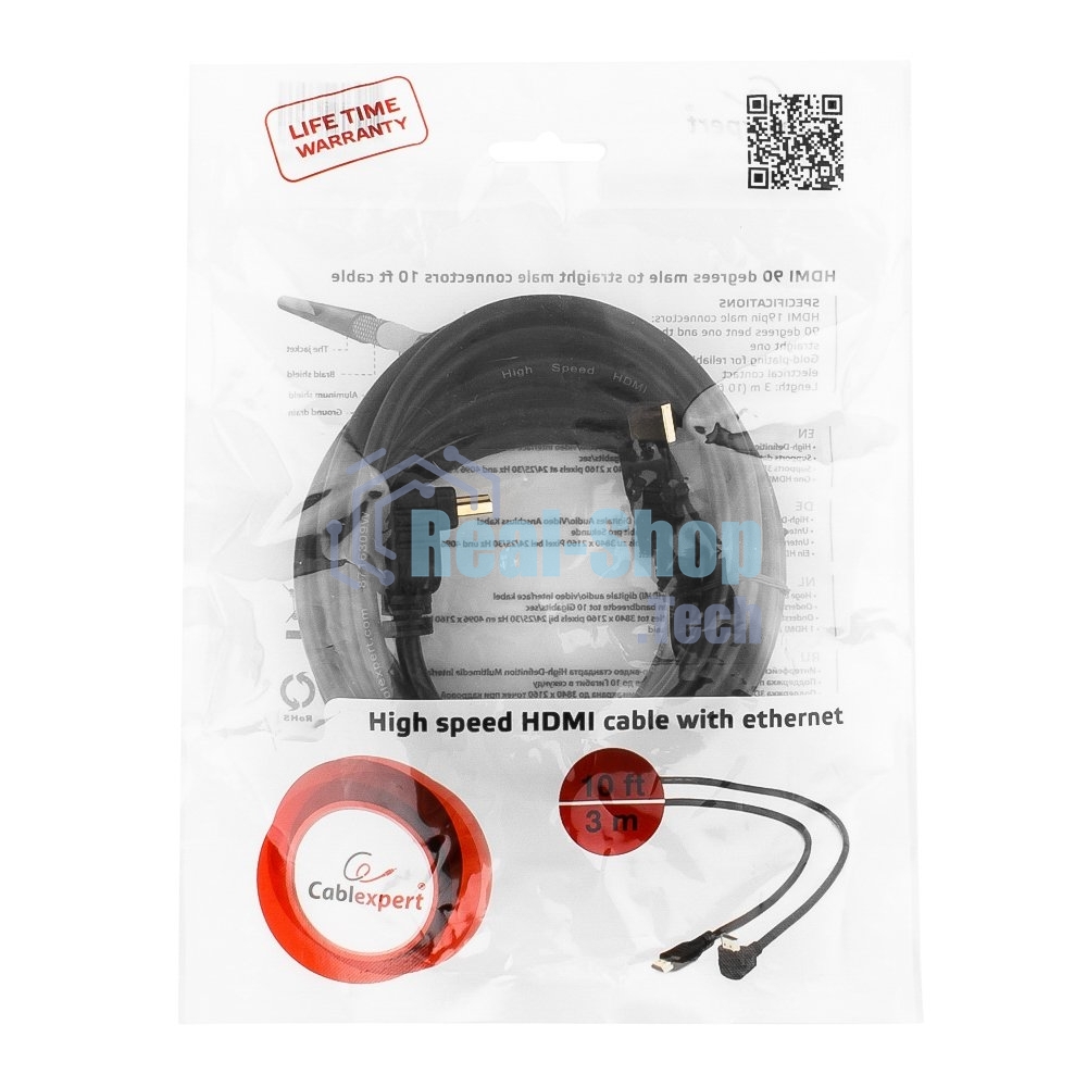 Кабель Cablexpert HDMI CC-HDMI490-10, 19M/19M, v2.0, медь, позол.разъемы, экран, угловой, 3м, черный, пакет