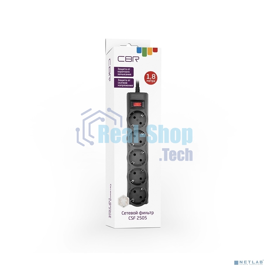 Сетевой фильтр CBR CSF 2505-1.8 Black CB, 5 евророзеток, длина кабеля 1,8 метра, цвет черный (коробка)
