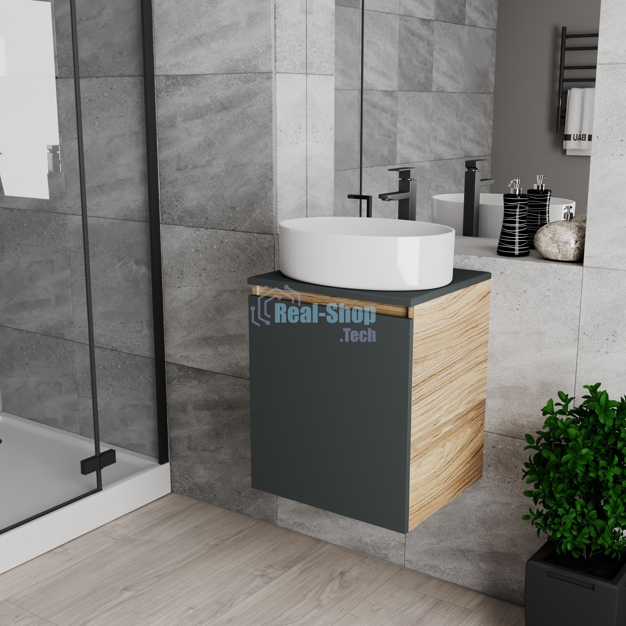 Тумба Bau Dream Blackwood 50 графит, раковина BAU Nimb 50х36, смеситель для раковины высокий Hotel Black, черный