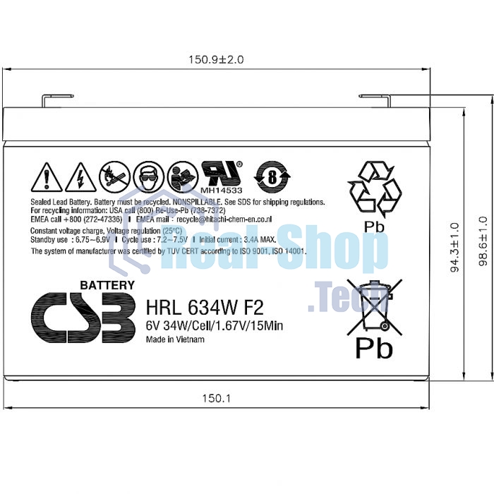 Аккумулятор 6V 9Ah CSB HRL634W (HRL634WF2FR) клеммы F2, огнеупорные