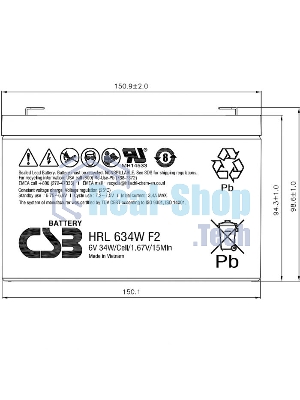 Аккумулятор 6V 9Ah CSB HRL634W (HRL634WF2FR) клеммы F2, огнеупорные
