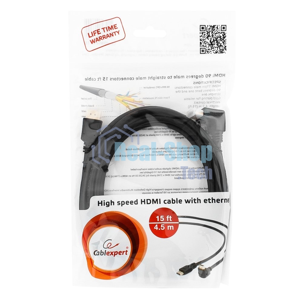 Кабель Cablexpert HDMI CC-HDMI490-15, 19M/19M, v2.0, медь, позол.разъемы, экран, угловой, 4.5м, черный, пакет