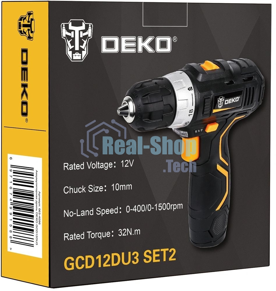 Дрель-шуруповерт аккумуляторная Deko GCD12DU3 SET2 FU-Li-Ion, 12В, 1 АКБ